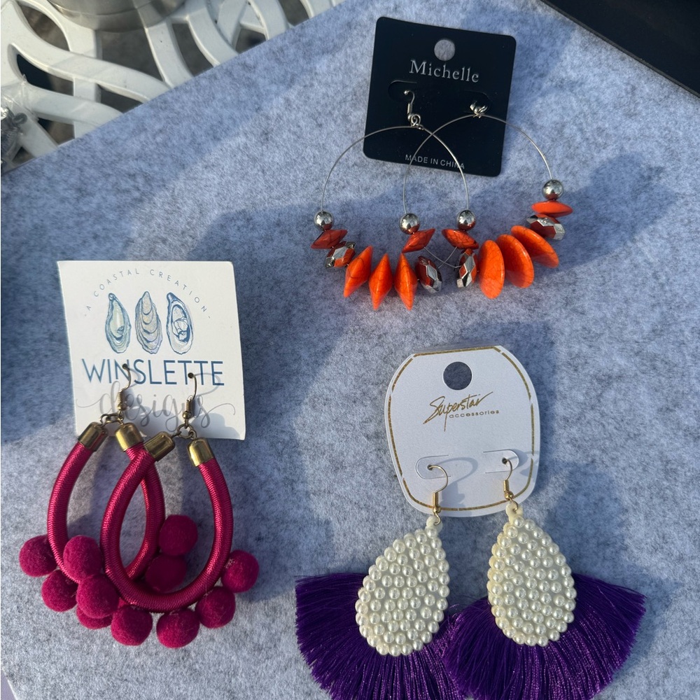 Lot of Earrings including Michele Bright Orange Beaded Hoops & Winslette Pink